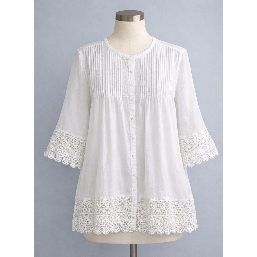 Ellos Romantic Pintuck Tunic Size L Lace Trim White Button Front Cottagecore Y2K